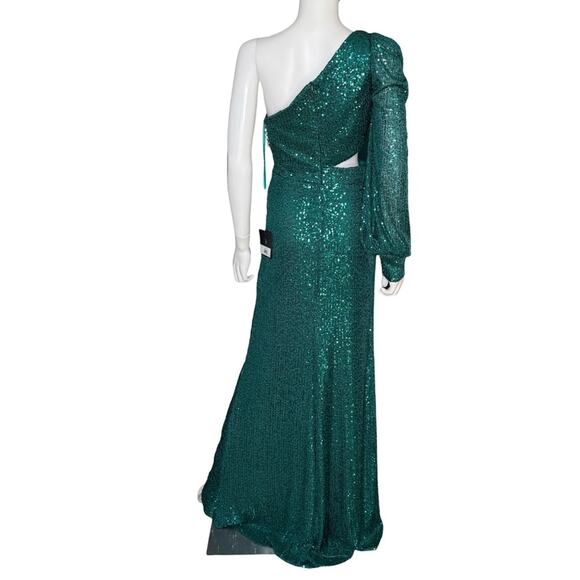 Ieena for Mac Duggal Green Sequined One Shoulder Cut Out Gown 26730 Women’s Sz 4 - Picture 7 of 9